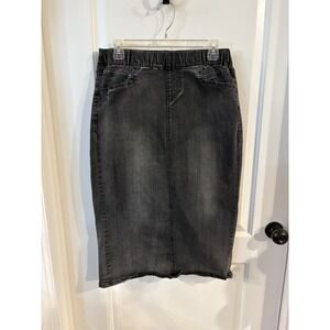 Christopher & Banks Black Denim Skirt Womens Sz4 Pullon Distressed Back Slit